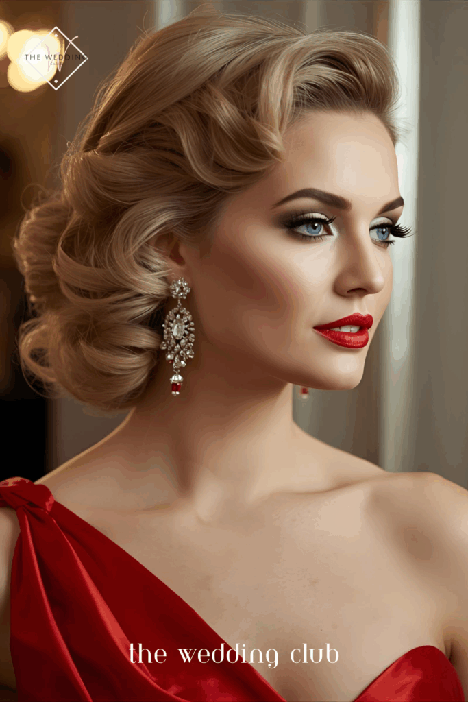 Hollywood glamour curls swept to one side, red satin gown, chandelier earrings, ballroom wedding