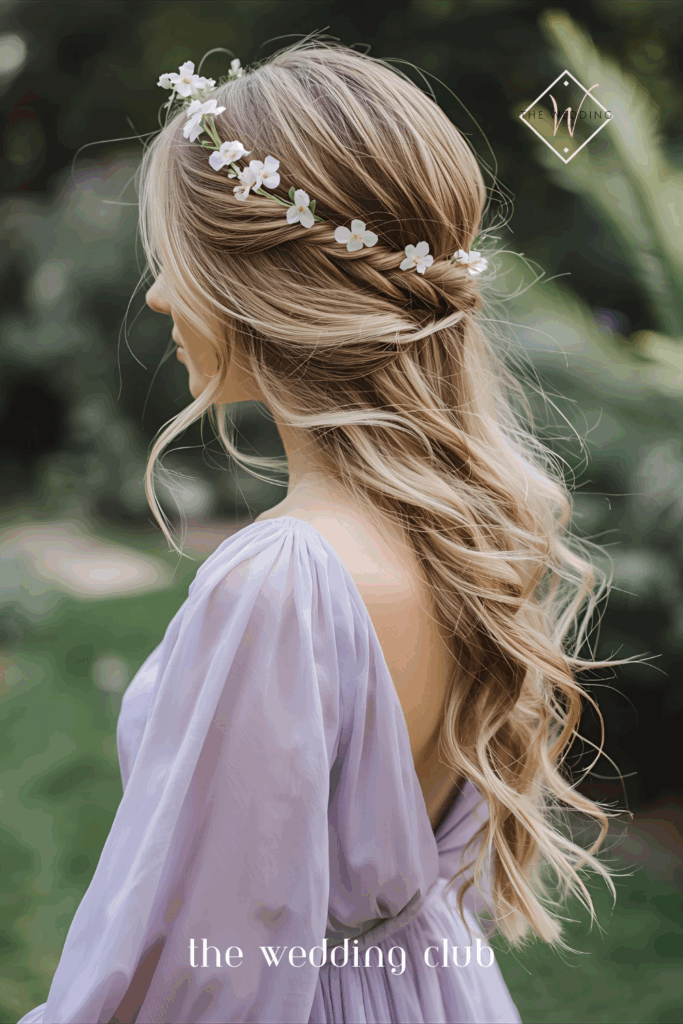 side view of loose cascading side braid with waves on medium hair, flowy chiffon dress in lavender, delicate floral crown, garden wedding scene