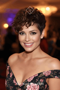 Curly pixie cut with added volume at crown, floral guest dress, wedding reception background, glamorous guest look