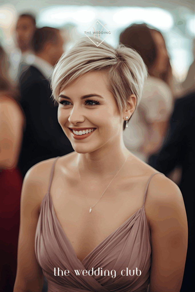 Elegant pixie cut with soft glam waves, woman in bridesmaid-style dress, wedding reception background, natural lighting