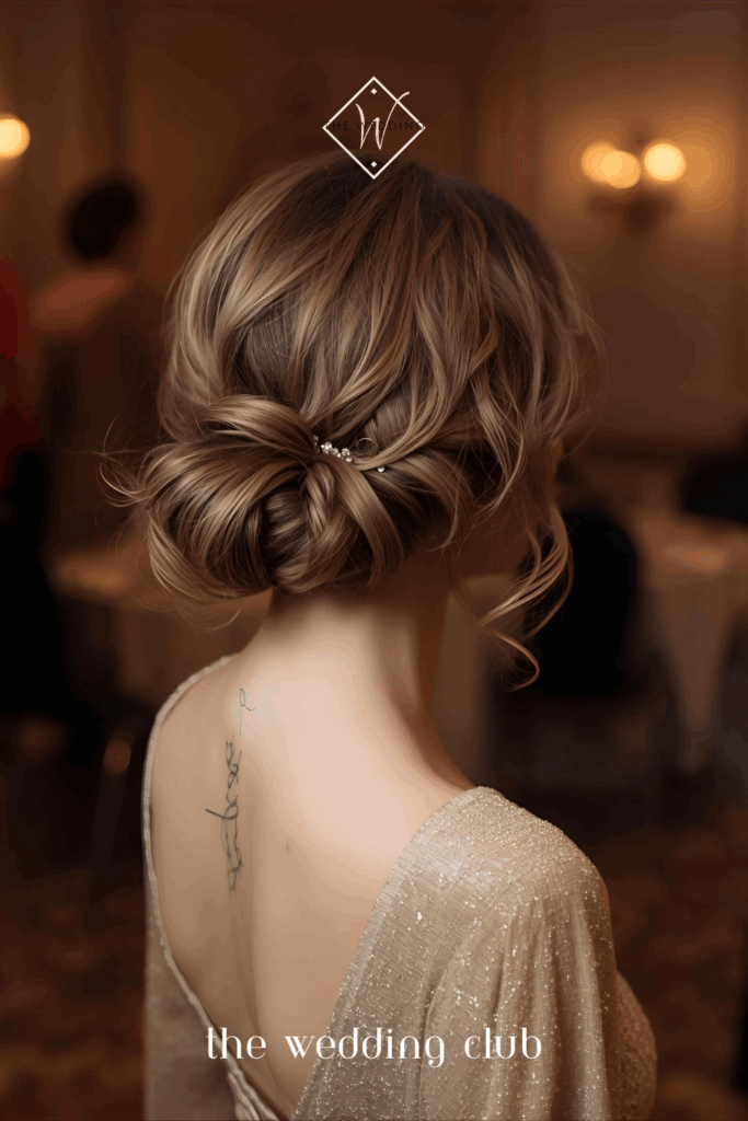 Faux updo on short bob, pinned at nape, elegant wedding guest dress, ballroom background