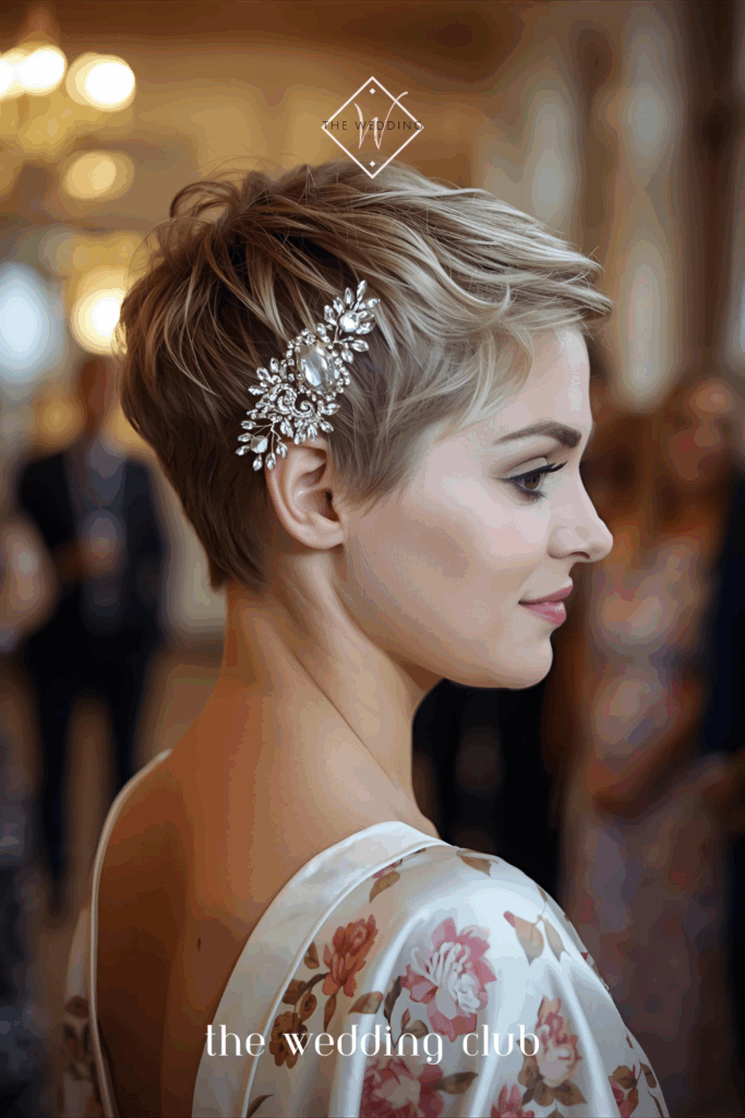 Pixie cut styled with jeweled hair clip, wedding hall background, semi-formal attire
