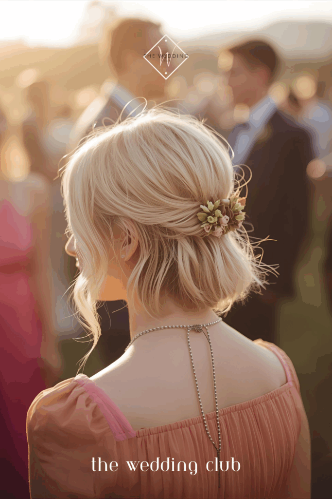 Short cut pinned half-up half-down style, guest wearing pink outfit, floral accessory, outdoor rustic wedding