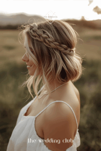 Short lob with mini braid accent, boho-inspired outfit, outdoor rustic wedding background