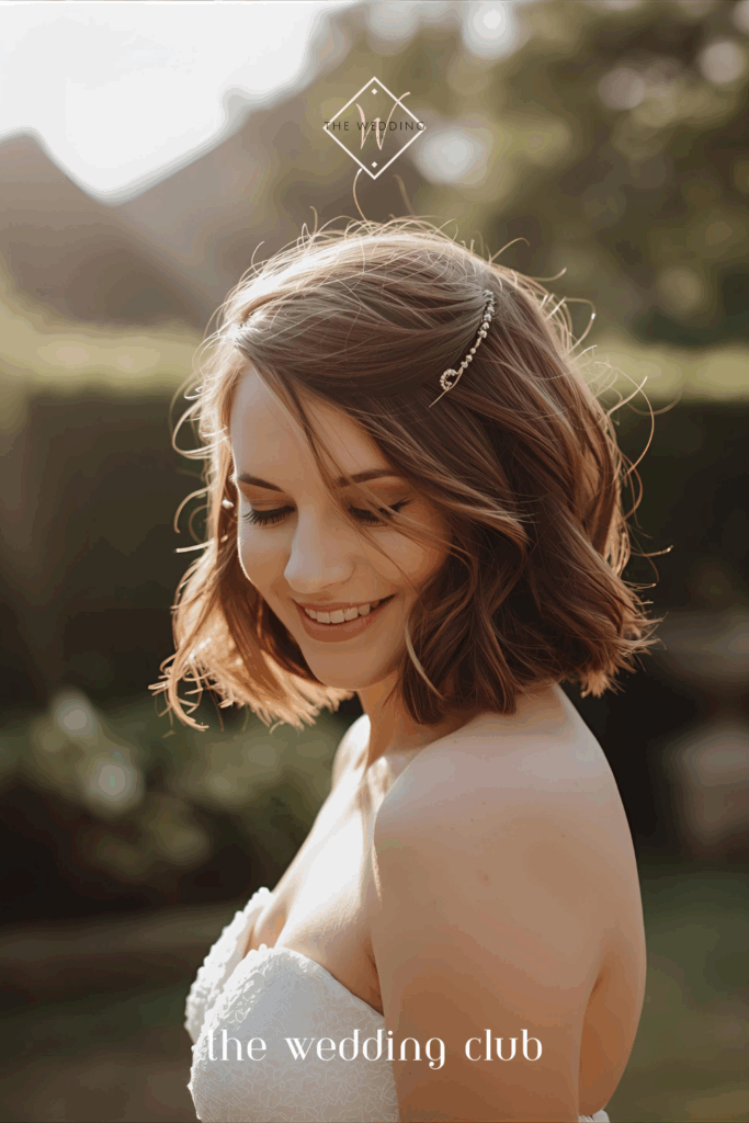 Textured bob with side pin and loose waves, chic guest outfit, garden wedding scene, soft golden light