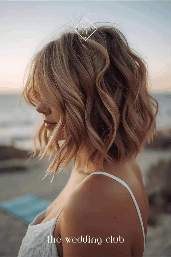 Tousled bob with loose curls, relaxed guest look, beach wedding setting with ocean view