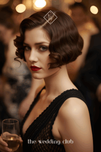 Vintage finger waves on short bob, guest in cocktail dress, 1920s Gatsby-inspired wedding setting