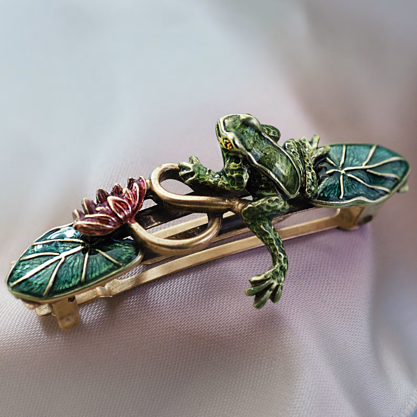 Enamel Frog Hair Barrette: Lily Pad Hair Clip, Sweet Romance by ShelleyCooperJewelry on Etsy