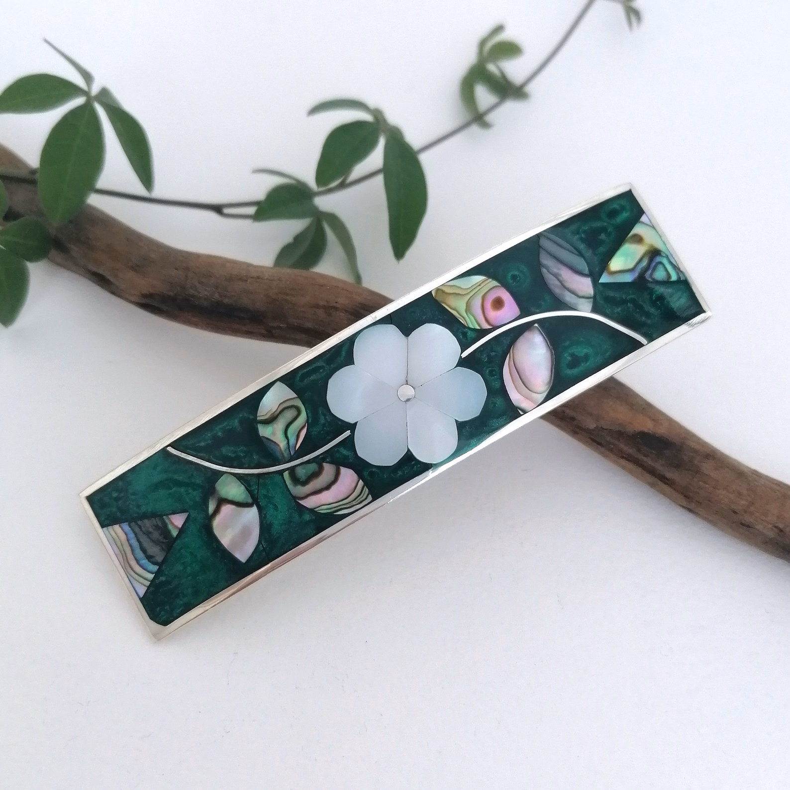 Handcrafted Mother of Pearl Flower Hair Barrette, Emerald Green Boho Jewelry, Enamel & Shell Inlay by MexicaMexico on Etsy